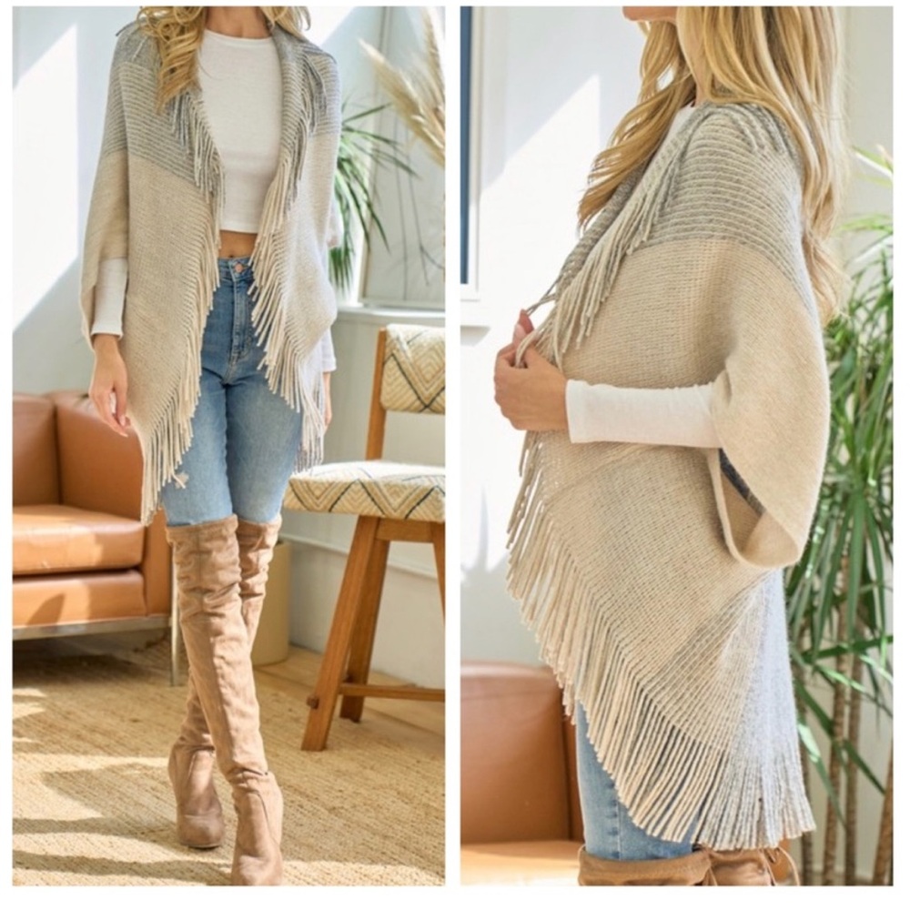 ON BLUE BOHO BEIGE/GREY BLOCK FRINGE CARDIGAN